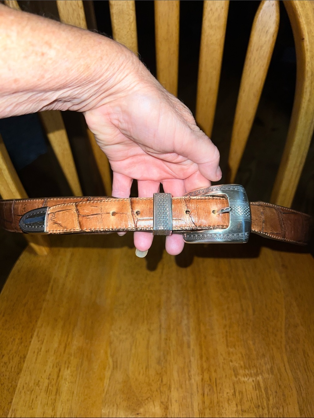 VTG Men's Size 42 Brighton Onyx Stitched Embossed Alligator Pattern Leather Belt